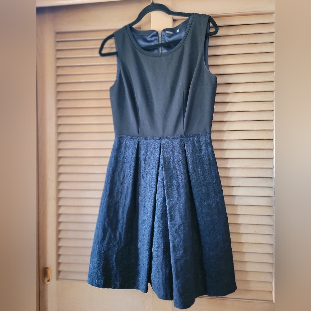 Elie Tahari Pleated Black Metallic Blue Fit and Flare Dress